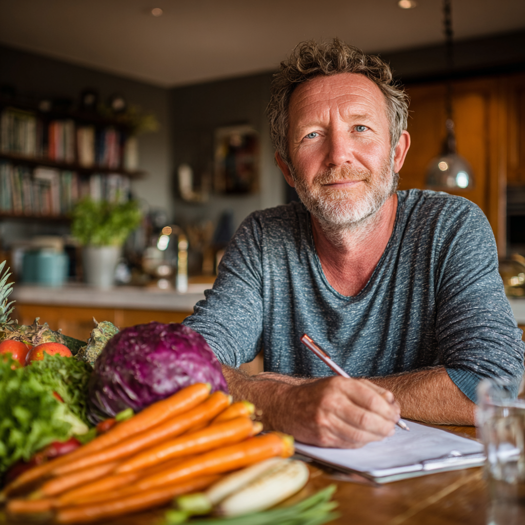 Чоловік 58 років переглядає персональний план харчування, сидить за столом з овочами