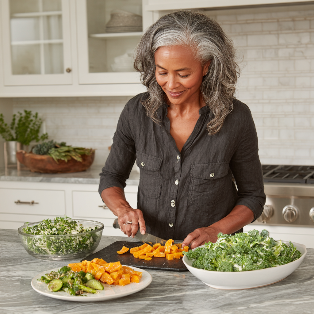 Жінка 54 років готує здорову вечерю за рецептом з norvindash