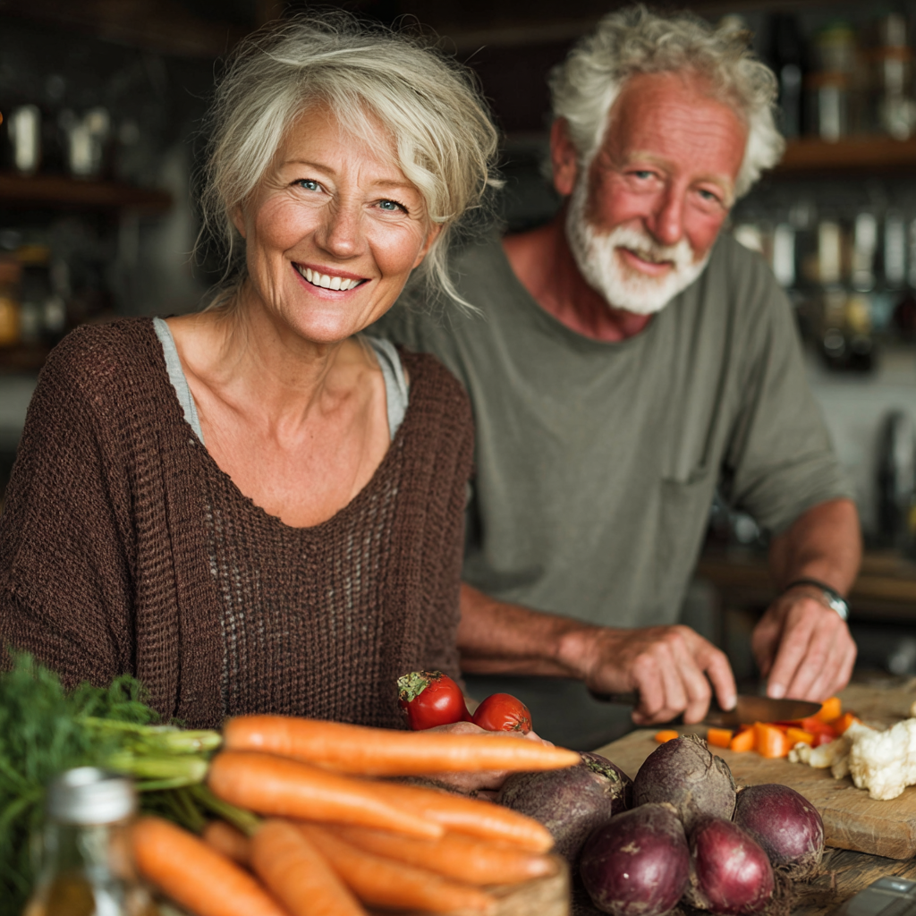 Пара 52-60 років готує здорову їжу на кухні, радісні та енергійні