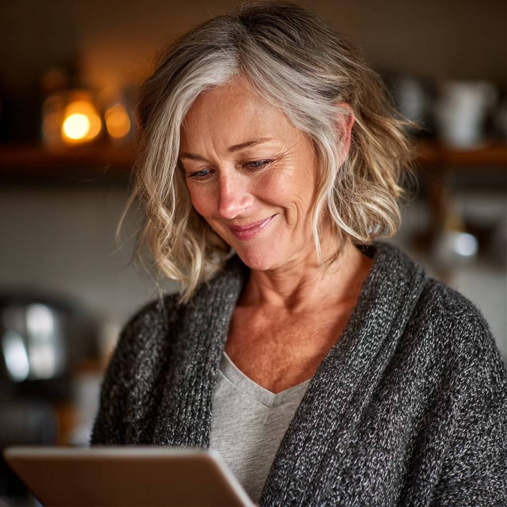 Жінка 55 років обирає цілі харчування на планшеті, усміхається